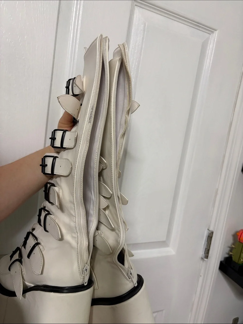 Demonia White Knee-High Platform Buckle Boots size 6 Goth